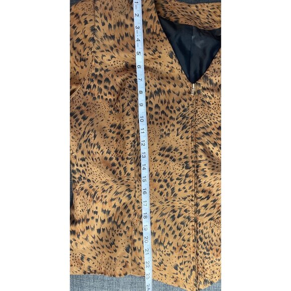 Brown Animal Print Long Sleeve Two Piece Skirt Top Set V Neck Front Zipper Sz M - Picture 8 of 13